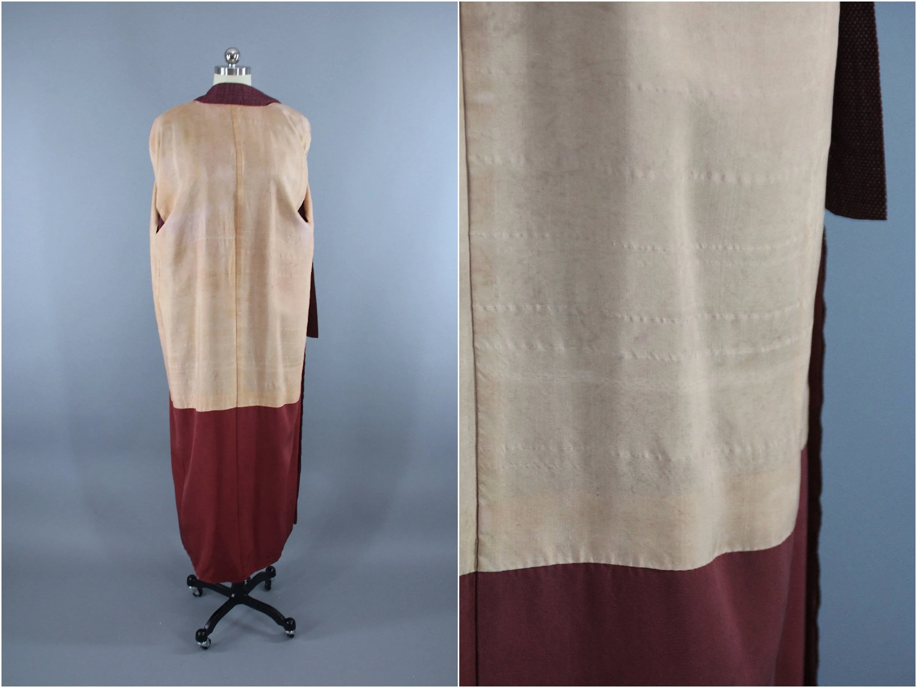 1950s Vintage Silk Kimono Robe / Dark Red & White