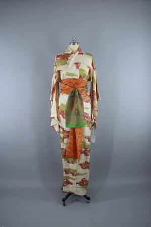 1950s Vintage Silk Kimono Robe Furisode with Ivory Floral Print