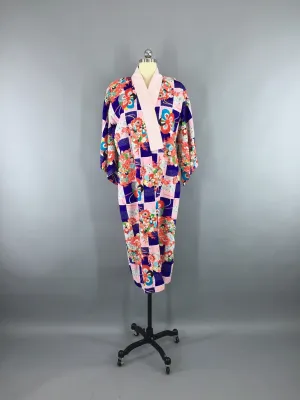 1950s Vintage Silk Kimono Robe Juban with Pink Purple Floral