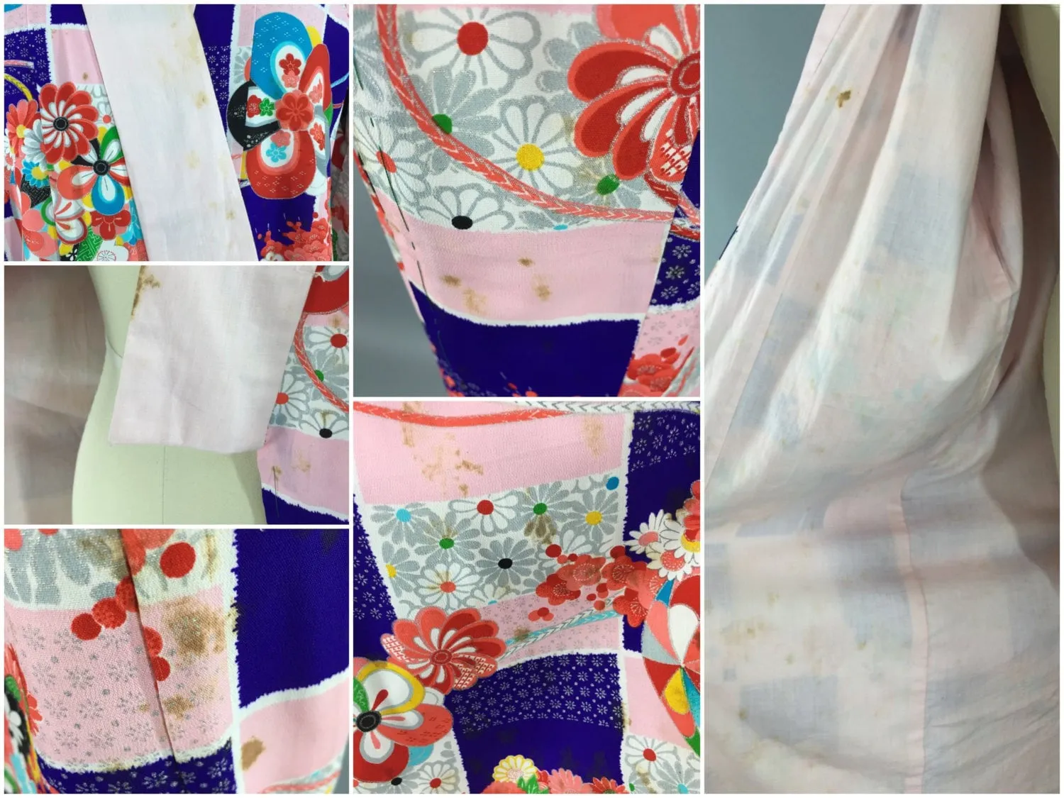 1950s Vintage Silk Kimono Robe Juban with Pink Purple Floral
