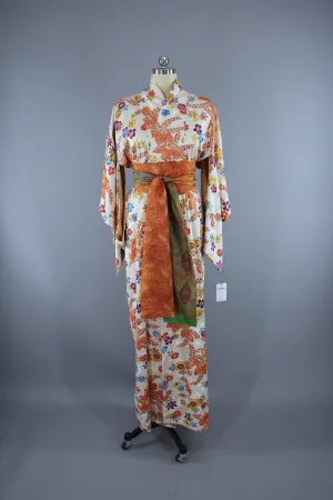 1950s Vintage Silk Kimono Robe / Orange & White Shibori Floral