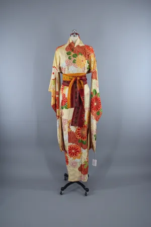 1960s - 1970s Vintage Silk Kimono Robe / Gold Orange Floral Furisode