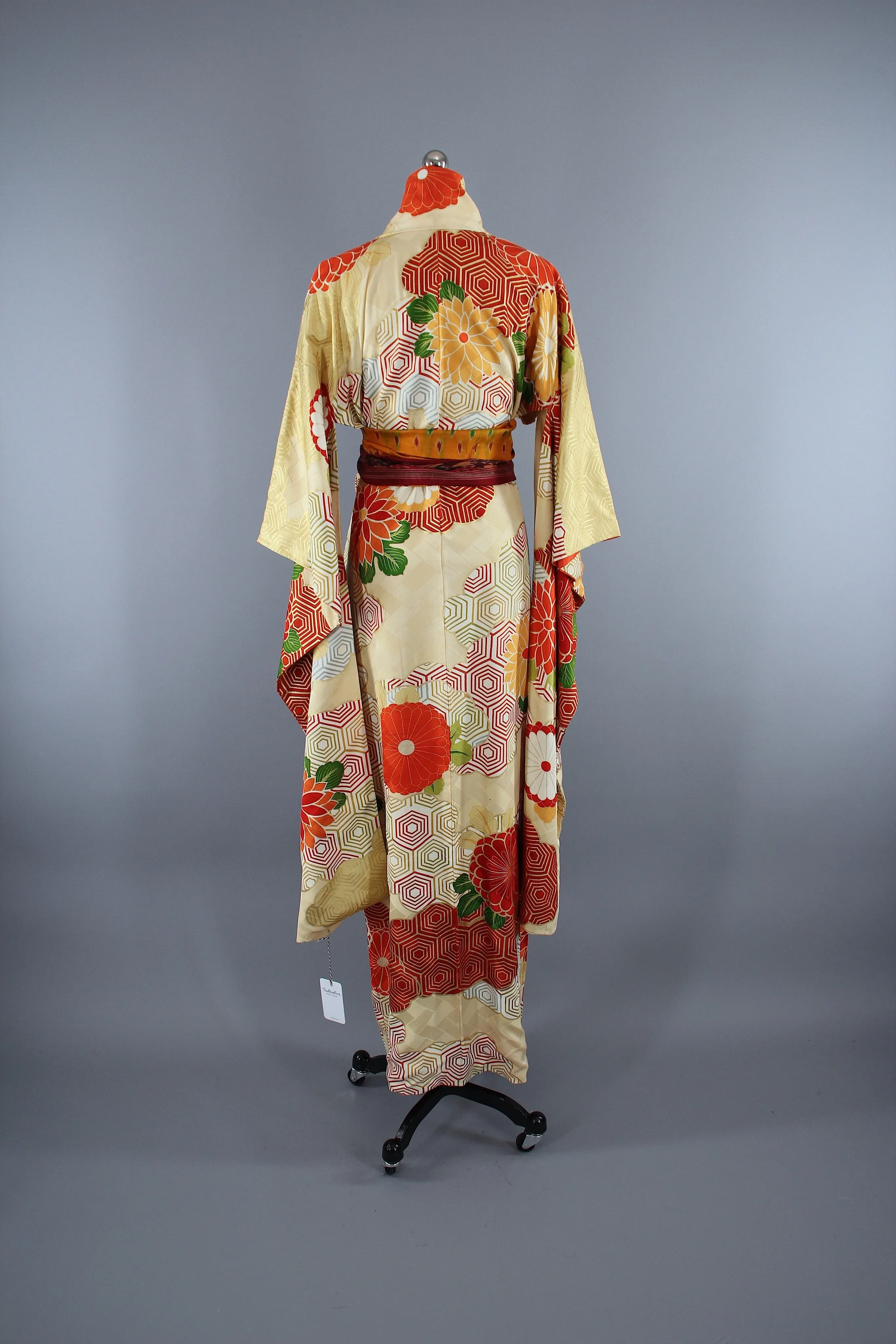1960s - 1970s Vintage Silk Kimono Robe / Gold Orange Floral Furisode