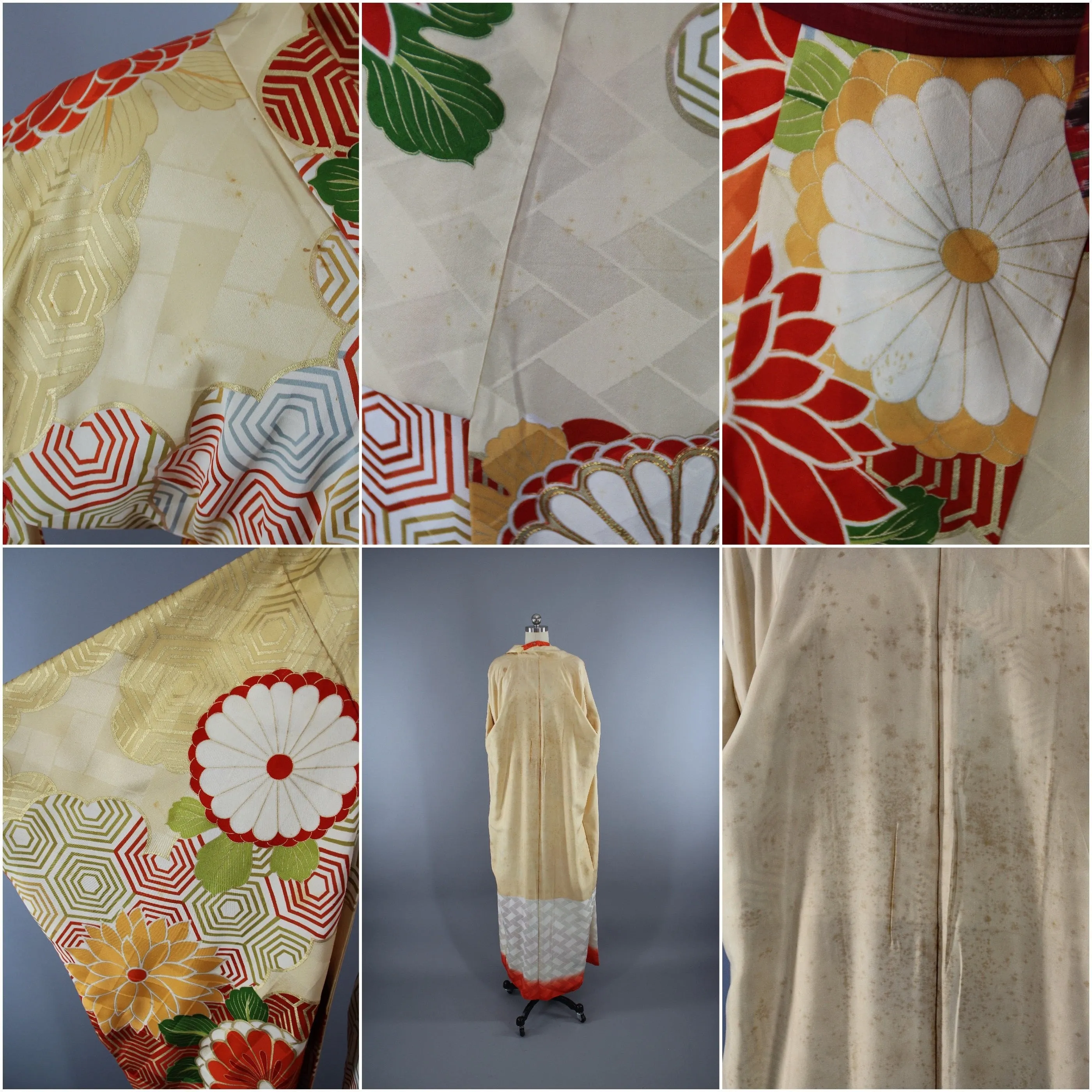 1960s - 1970s Vintage Silk Kimono Robe / Gold Orange Floral Furisode