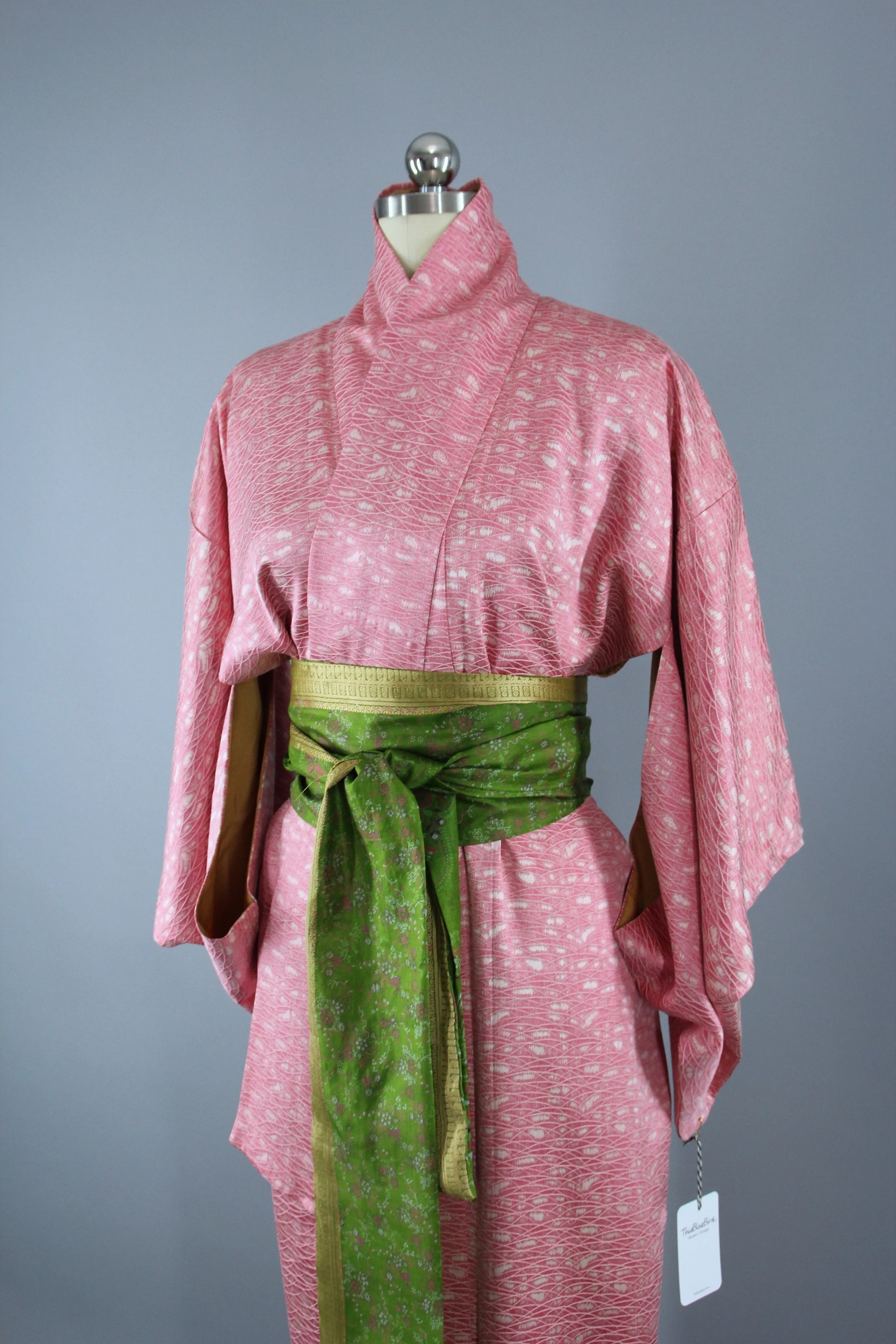 1960s Vintage Silk Kimono Robe / Pink & White Shibori