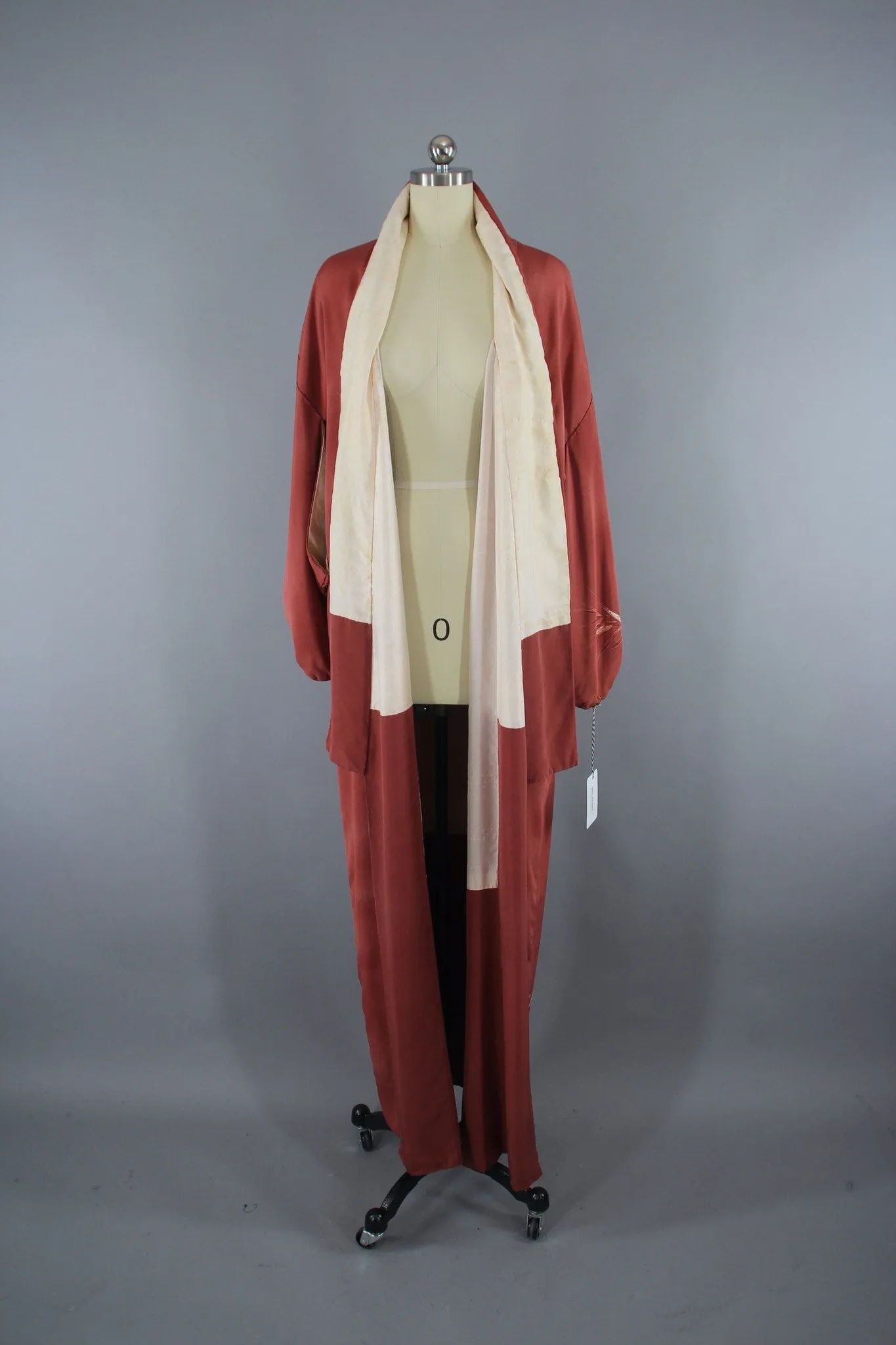 1960s Vintage Silk Kimono Robe / Terra Cotta Orange Bamboo Leaves Print