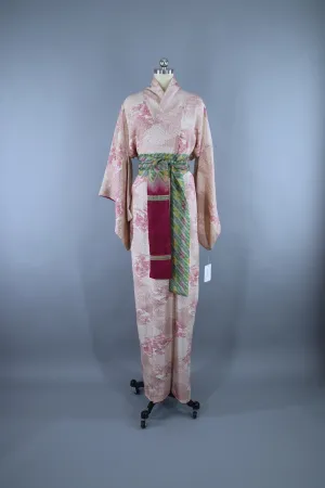 1960s Vintage Silk Kimono Robe / White Pink Tiny Floral Print
