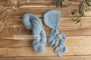 Baby newborn wrap and bonnet set, Pastel blue, velvet, made to order