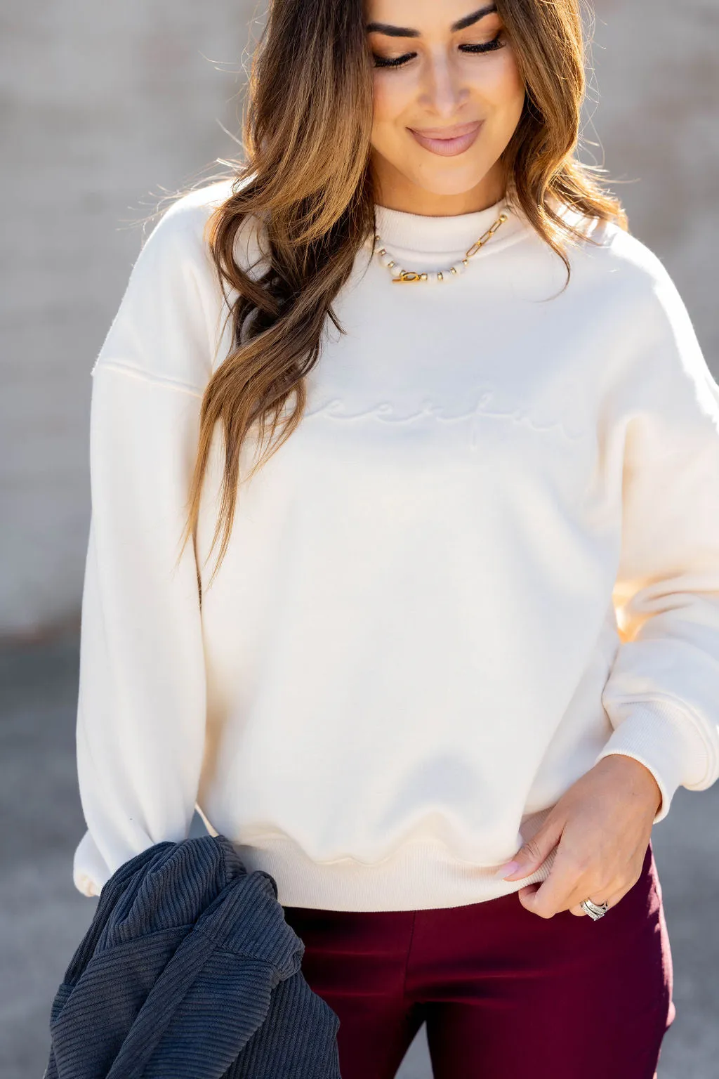 Cheerful Cursive Embossed Crewneck