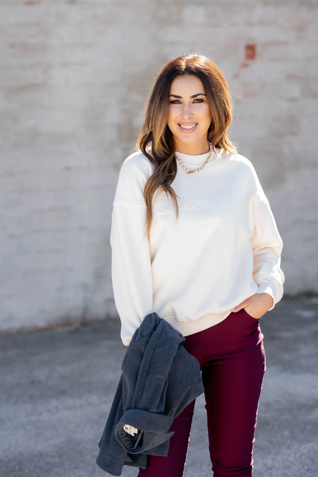 Cheerful Cursive Embossed Crewneck