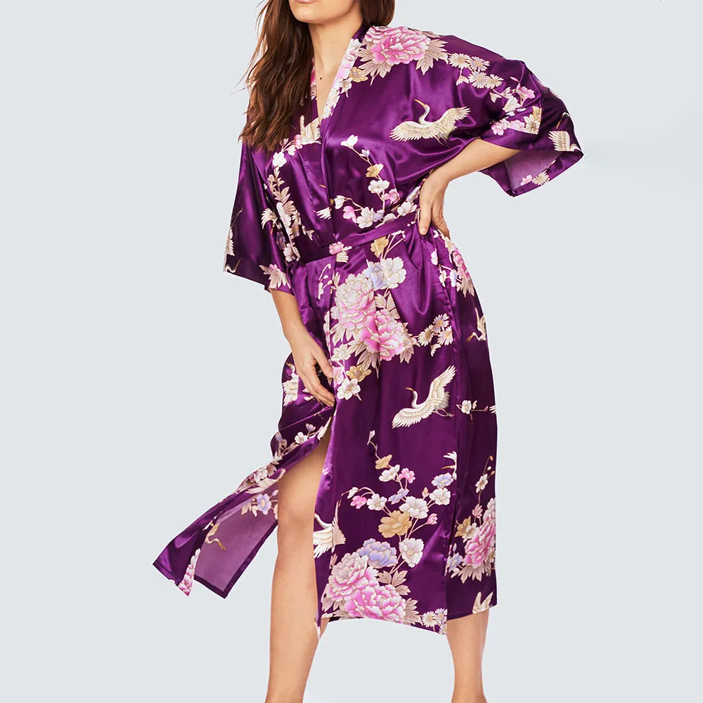 Chrysanthemum & Crane Long Kimono Robe (Plus Size)