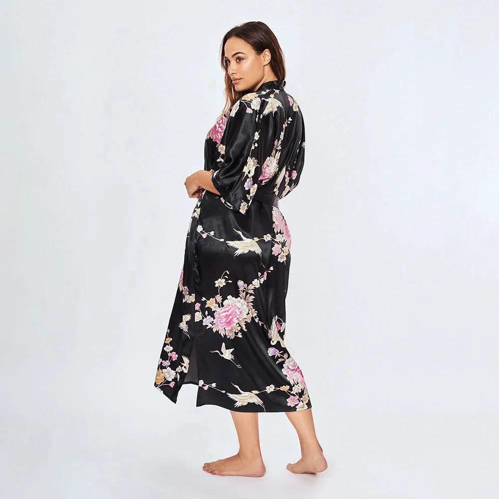 Chrysanthemum & Crane Long Kimono Robe (Plus Size)