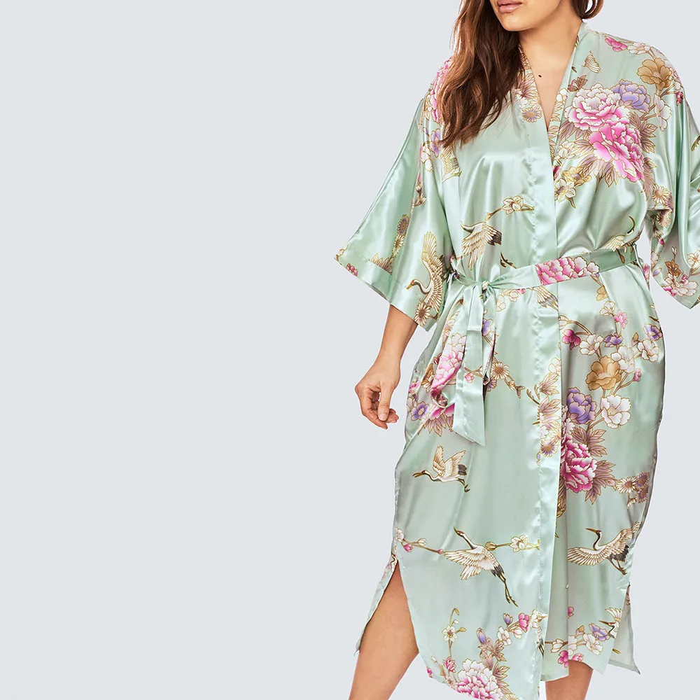 Chrysanthemum & Crane Long Kimono Robe (Plus Size)