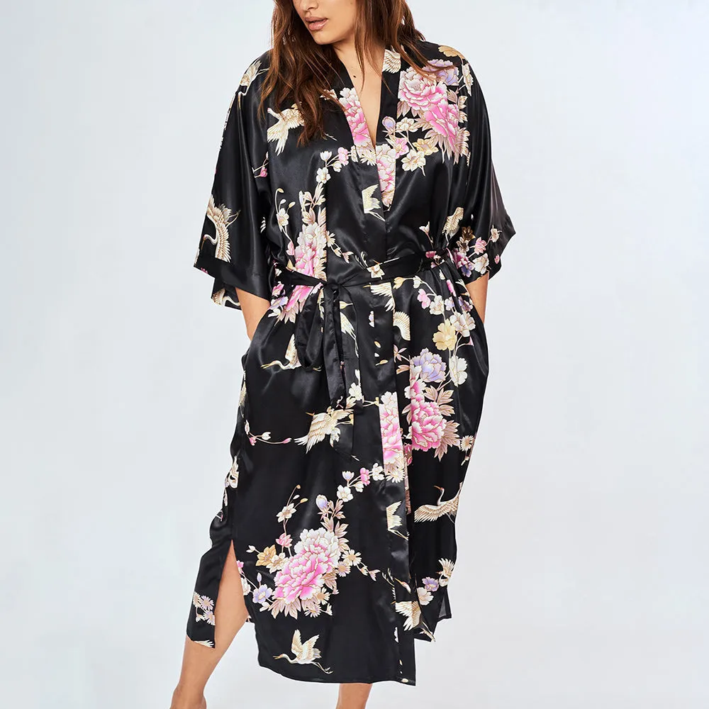 Chrysanthemum & Crane Long Kimono Robe (Plus Size)