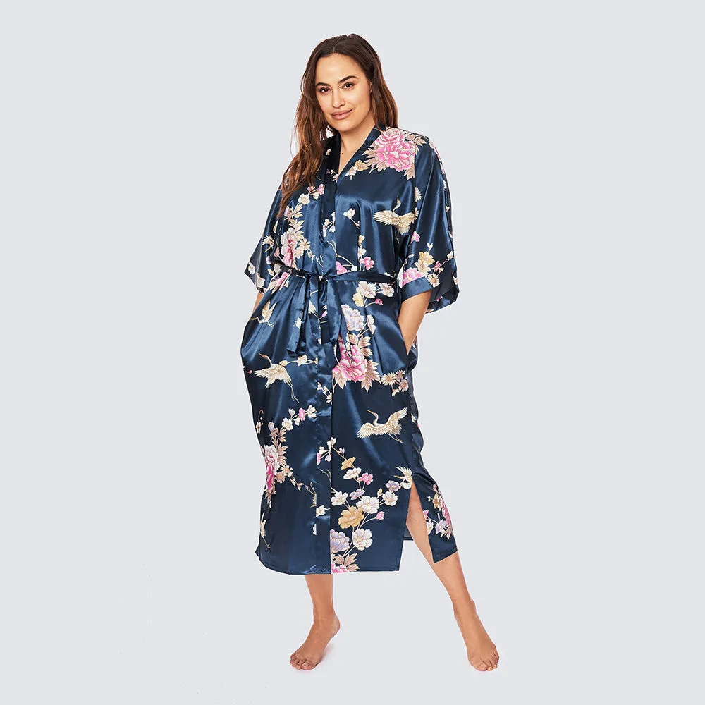 Chrysanthemum & Crane Long Kimono Robe (Plus Size)