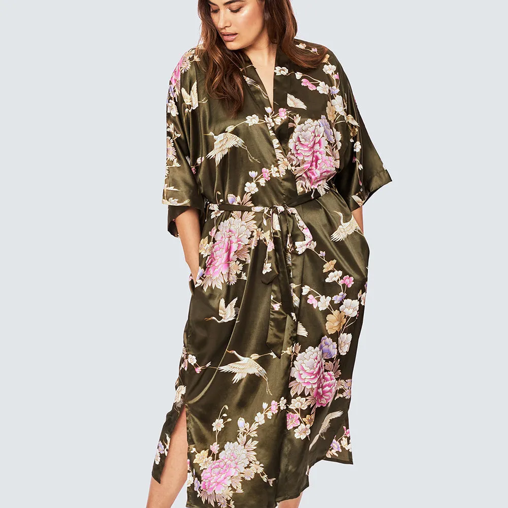 Chrysanthemum & Crane Long Kimono Robe (Plus Size)