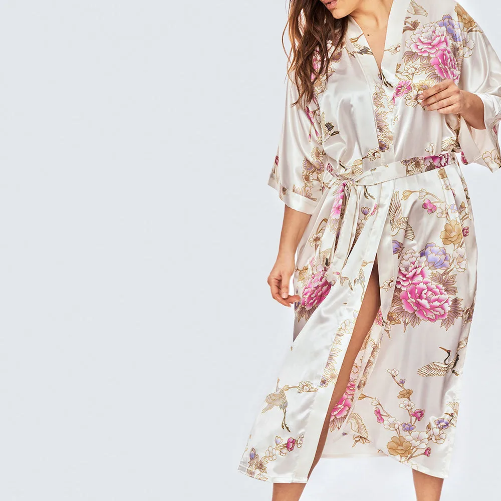 Chrysanthemum & Crane Long Kimono Robe (Plus Size)