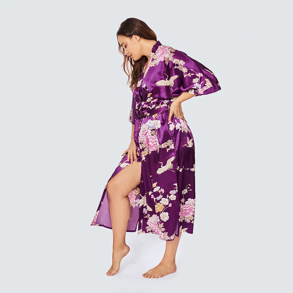 Chrysanthemum & Crane Long Kimono Robe (Plus Size)