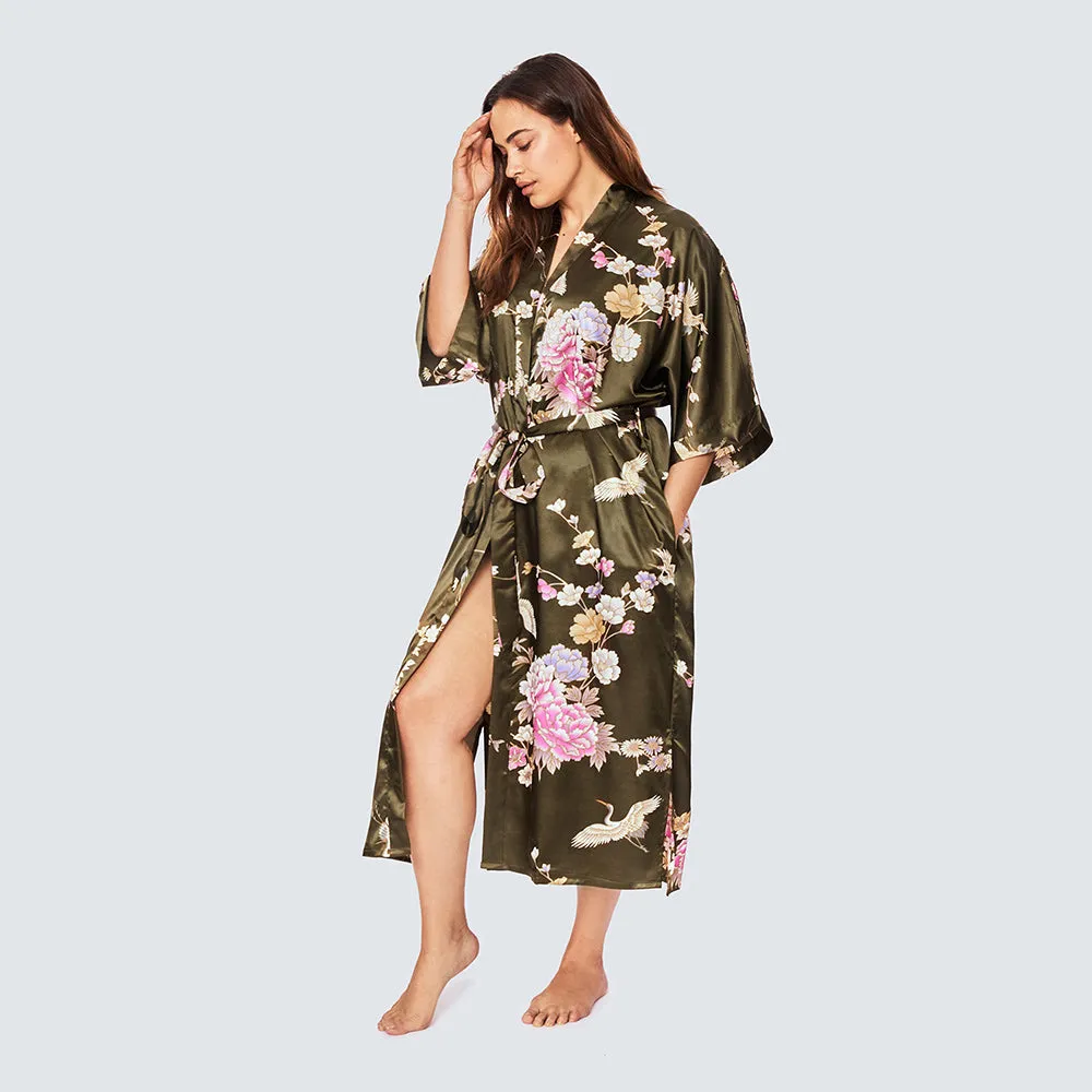 Chrysanthemum & Crane Long Kimono Robe (Plus Size)
