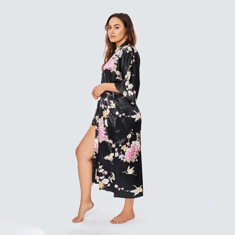 Chrysanthemum & Crane Long Kimono Robe (Plus Size)