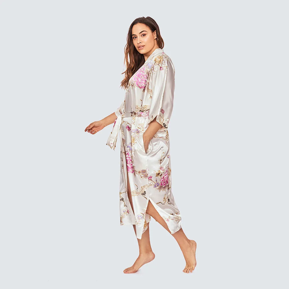Chrysanthemum & Crane Long Kimono Robe (Plus Size)