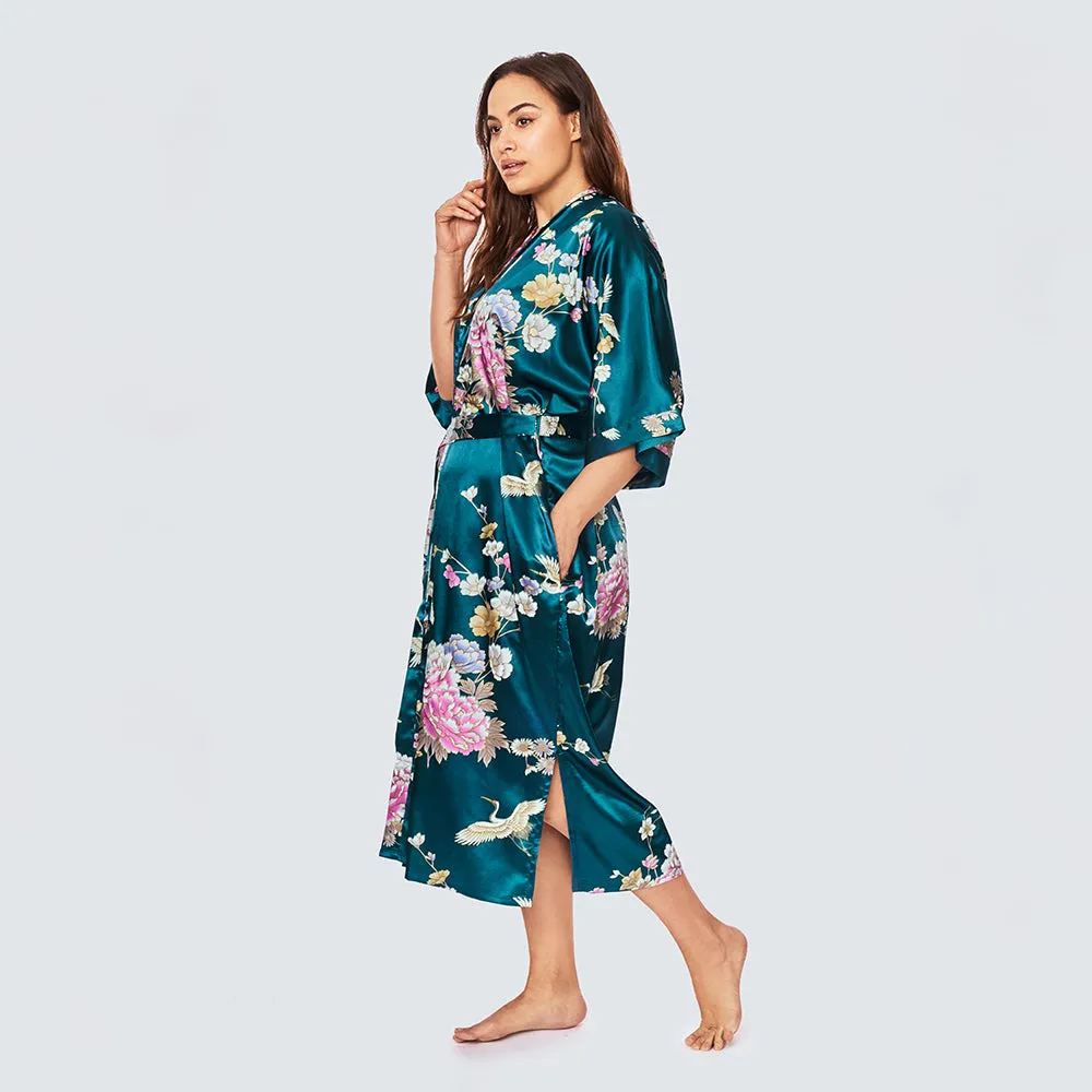 Chrysanthemum & Crane Long Kimono Robe (Plus Size)