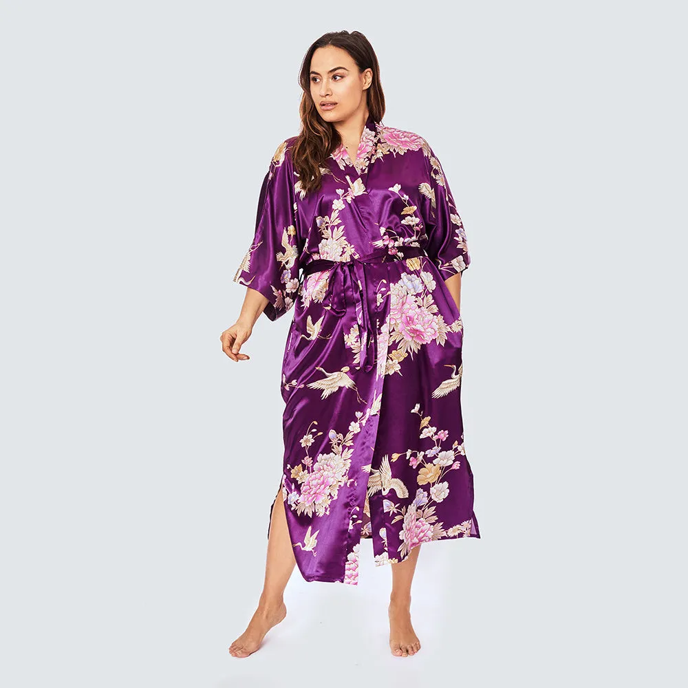 Chrysanthemum & Crane Long Kimono Robe (Plus Size)