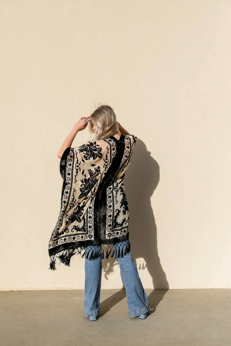 Courageous Embroidered Velvet Black Bohemian Kimono