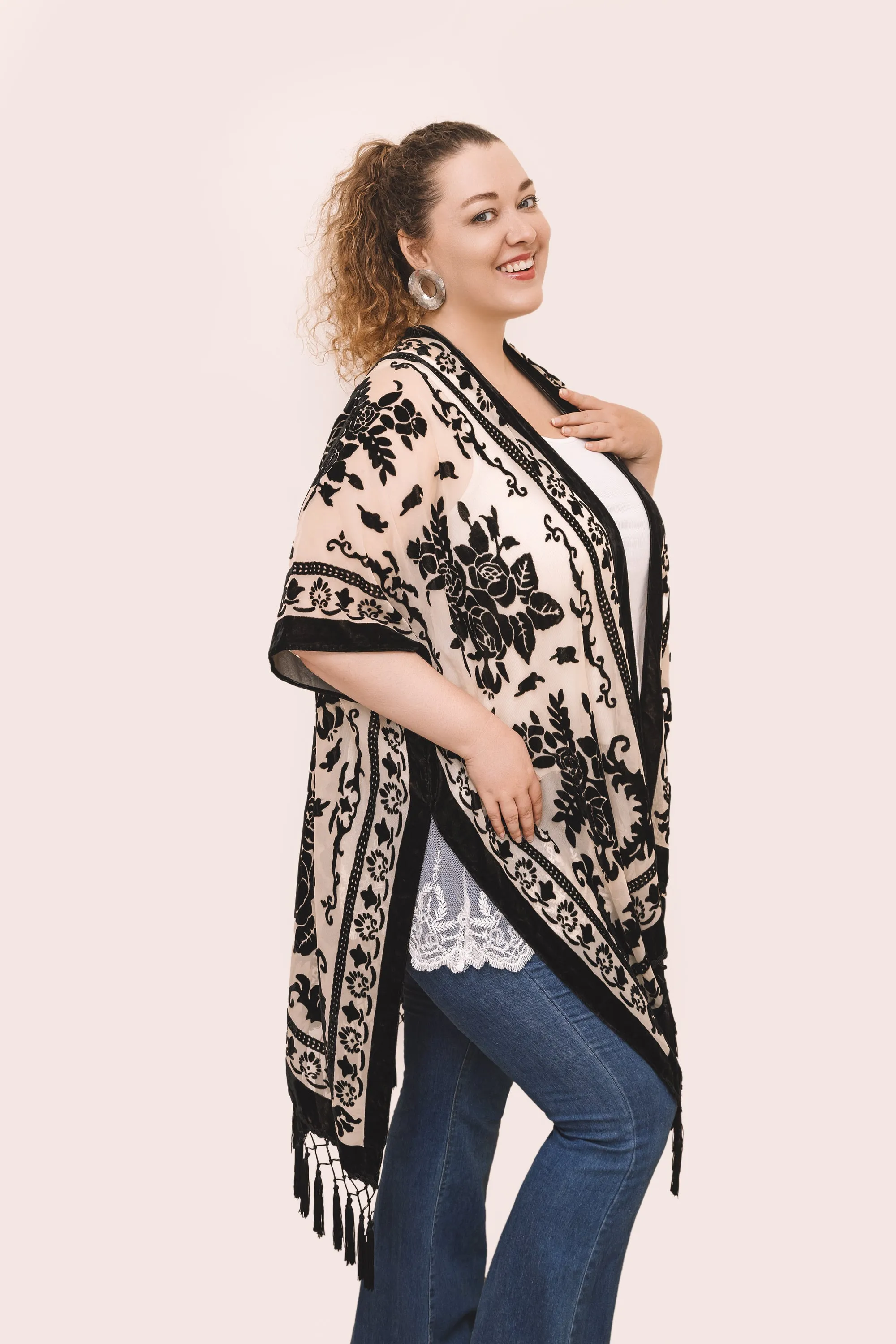 Courageous Embroidered Velvet Black Bohemian Kimono
