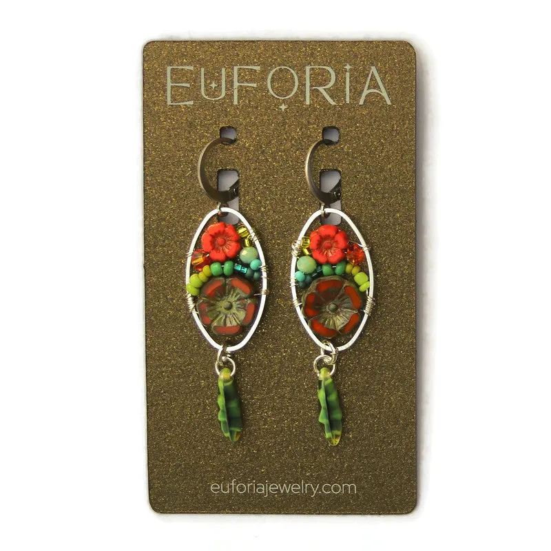 Czech Glass Flower Bouquet Earrings - Burnt Orange and Red