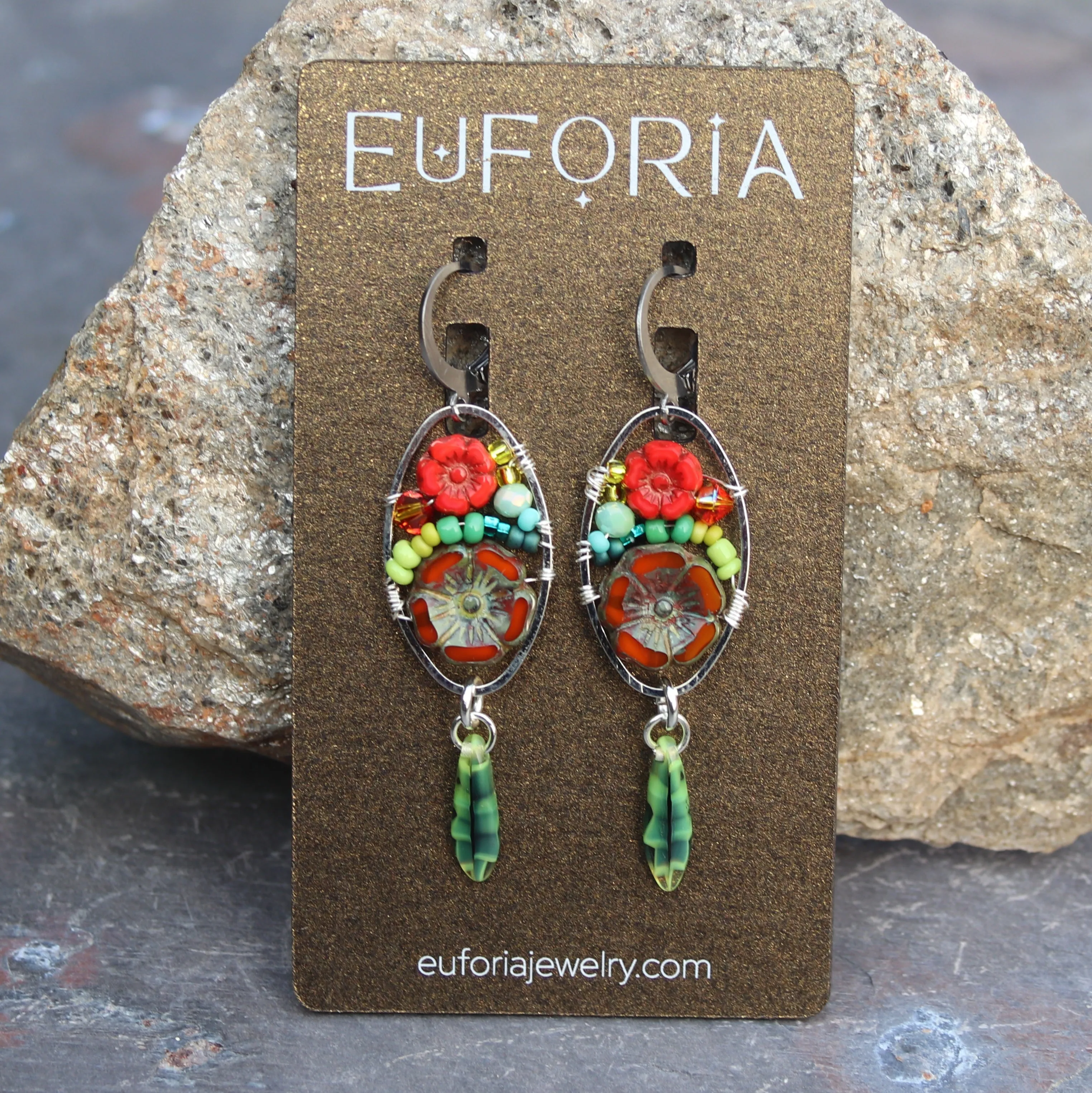 Czech Glass Flower Bouquet Earrings - Burnt Orange and Red