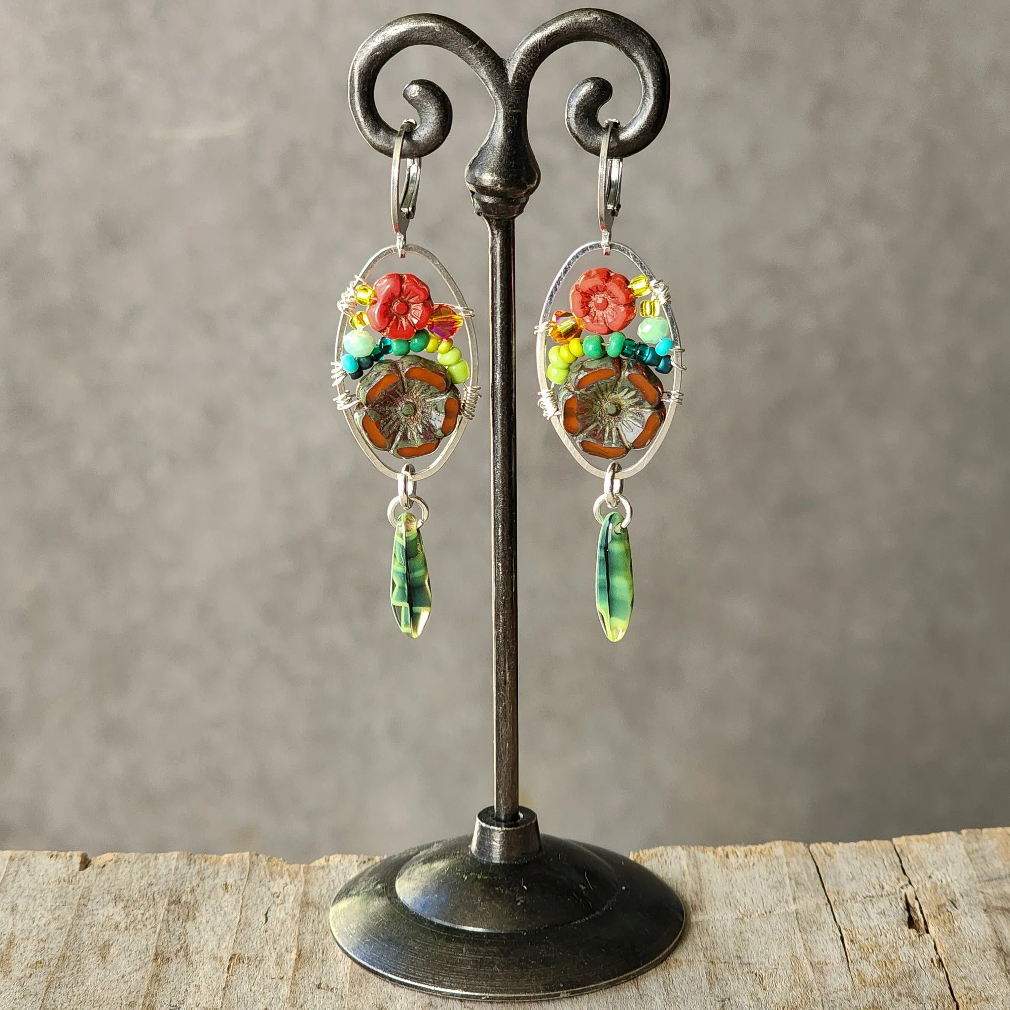Czech Glass Flower Bouquet Earrings - Burnt Orange and Red