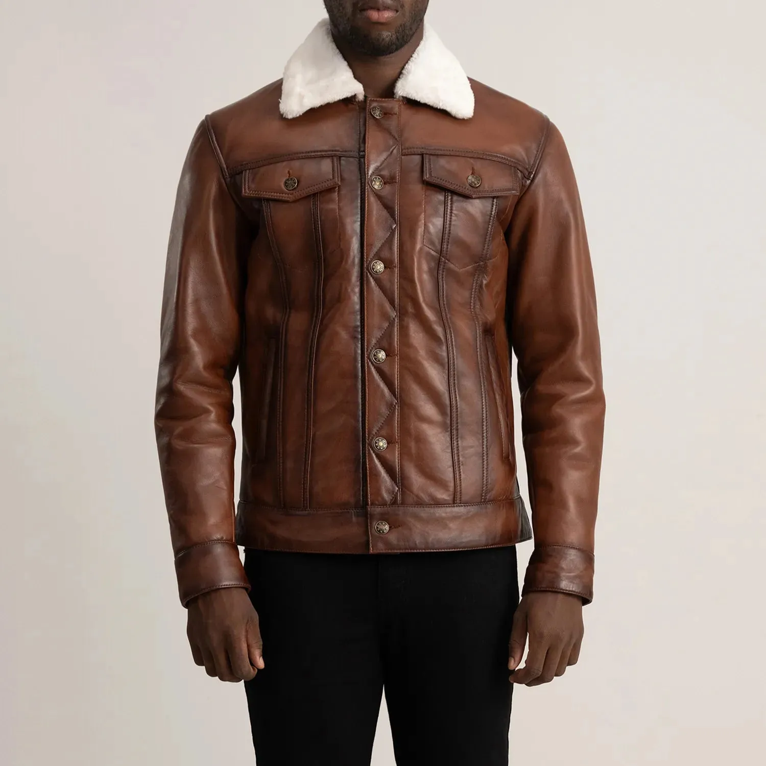 Dallis Brown Leather Shearling Trucker Jacket