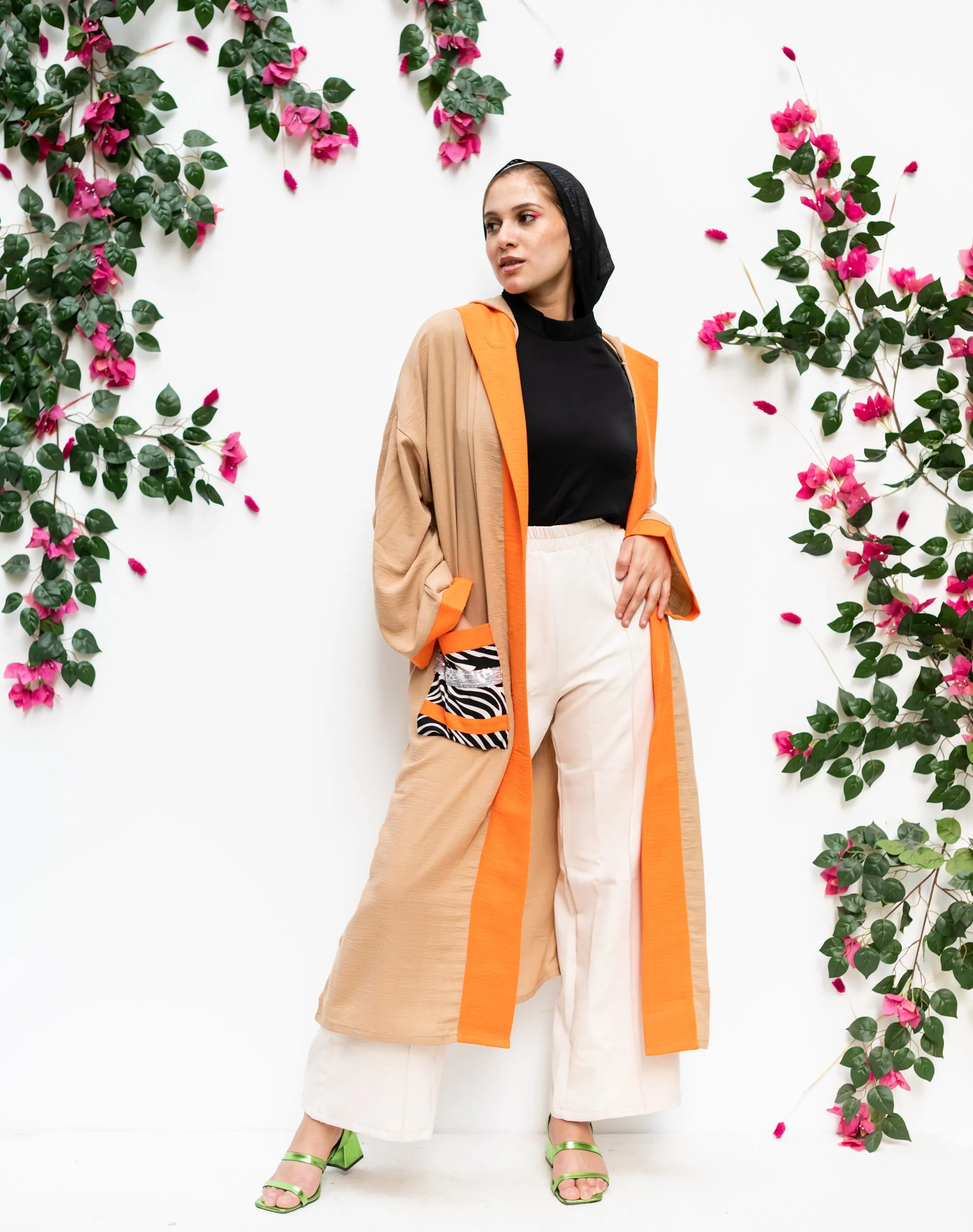 Linen Kimono zebra pockets Beige