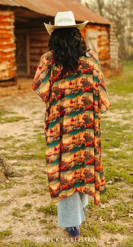 Lucky & Blessed Orange Vintage Cactus Duster W Side Slits DS116-ORCTS