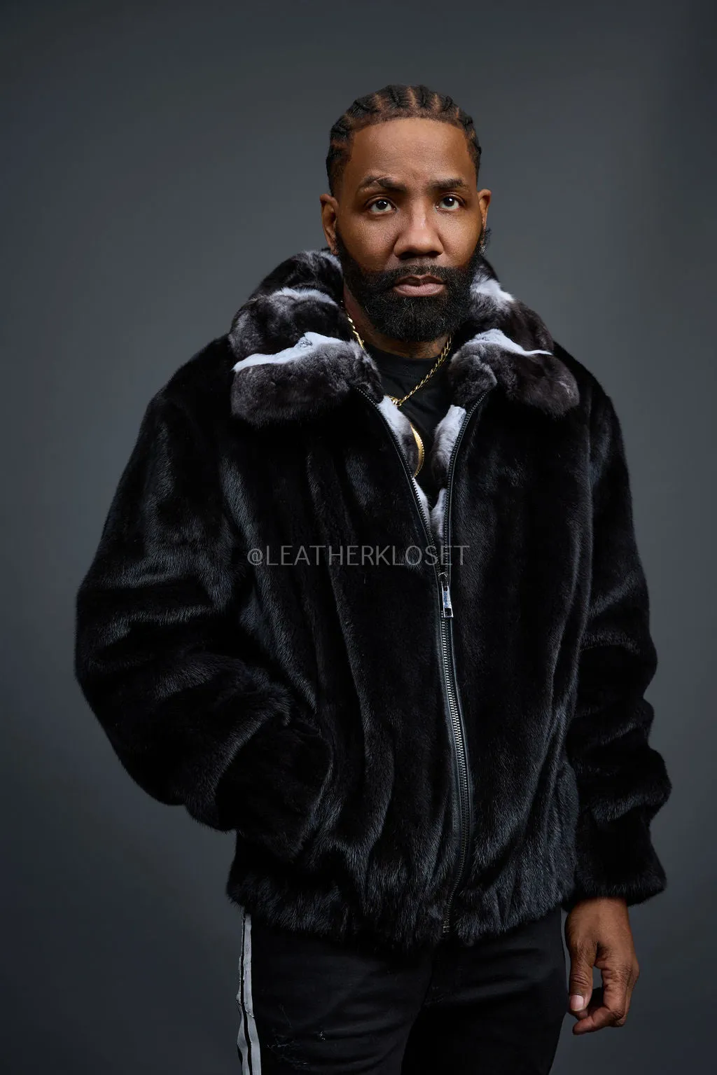 Men's Mink Bomber Jacket With Chinchilla Collar [Black]