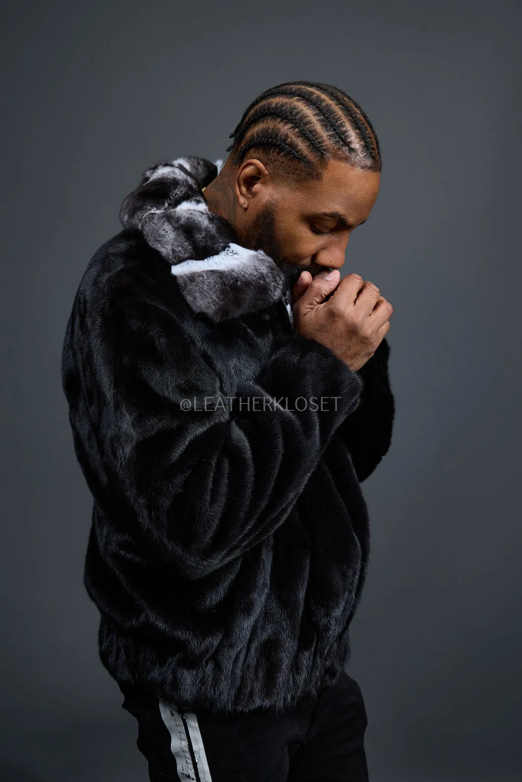 Men's Mink Bomber Jacket With Chinchilla Collar [Black]