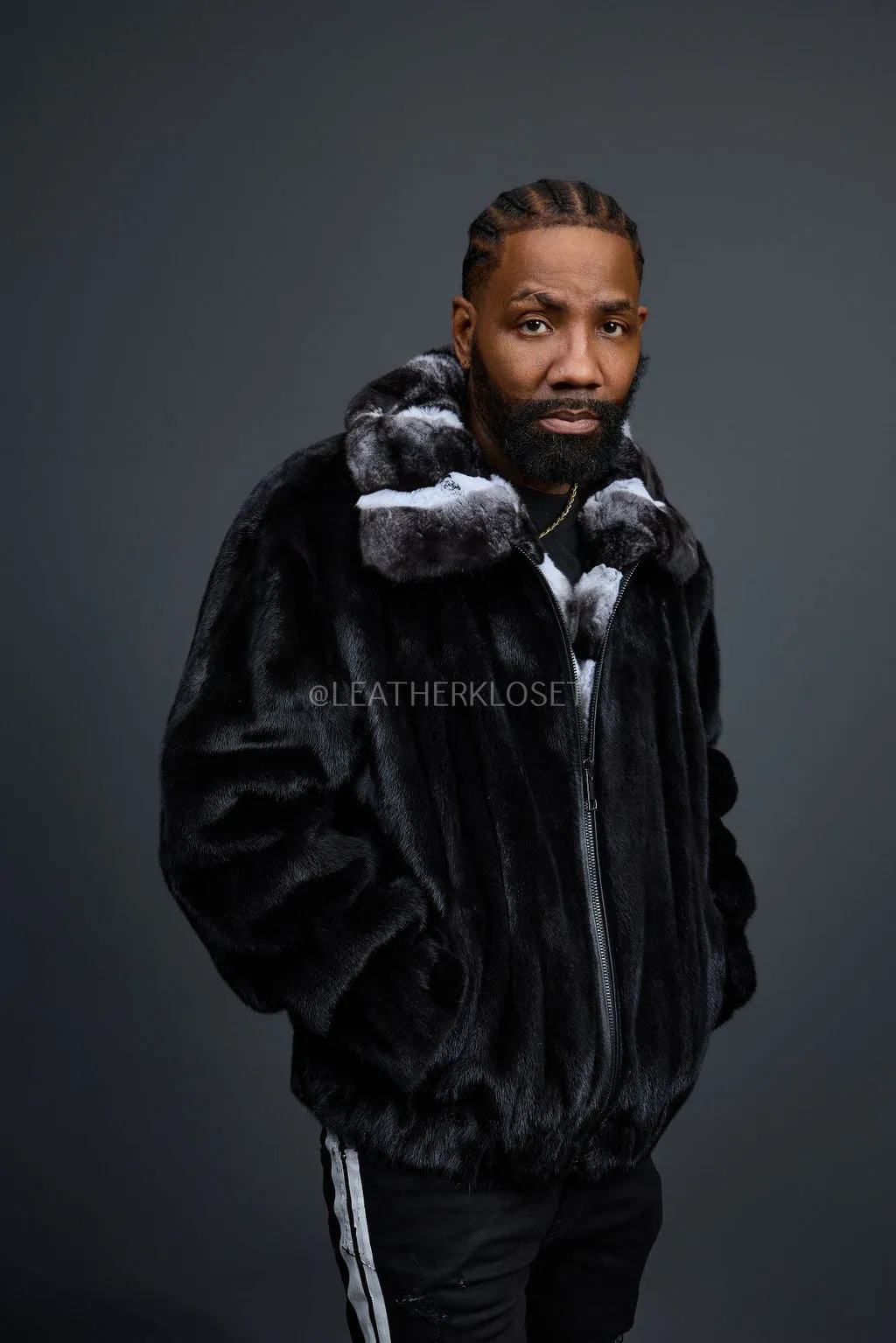 Men's Mink Bomber Jacket With Chinchilla Collar [Black]