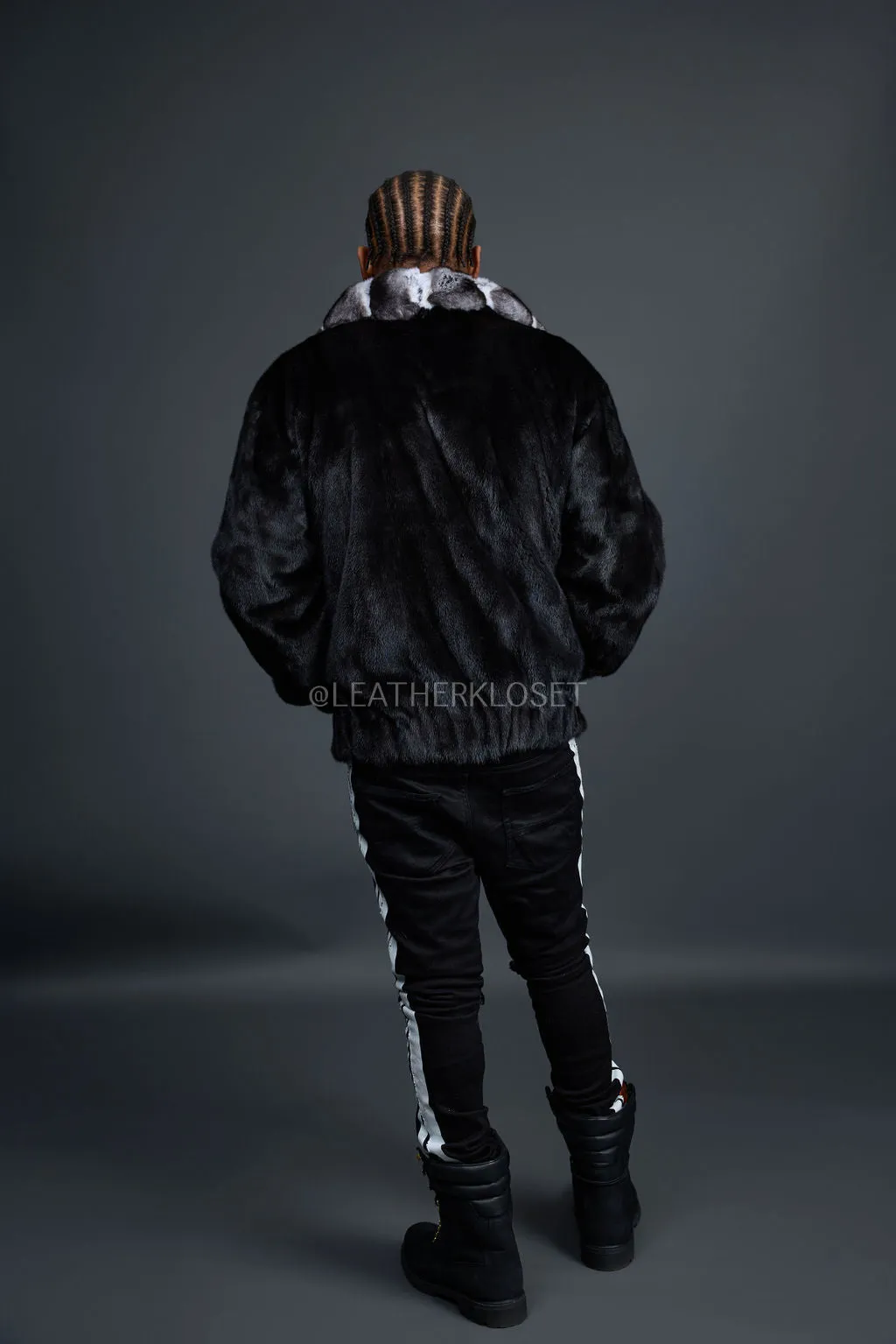 Men's Mink Bomber Jacket With Chinchilla Collar [Black]