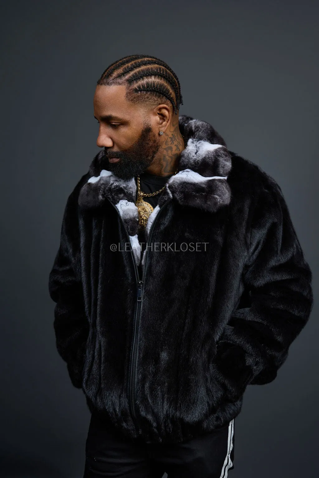 Men's Mink Bomber Jacket With Chinchilla Collar [Black]