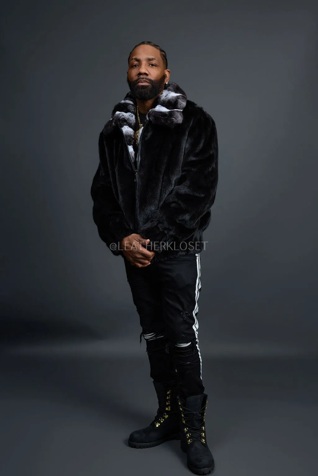 Men's Mink Bomber Jacket With Chinchilla Collar [Black]