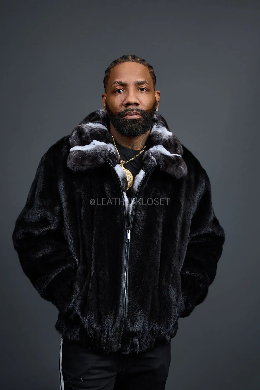 Men's Mink Bomber Jacket With Chinchilla Collar [Black]