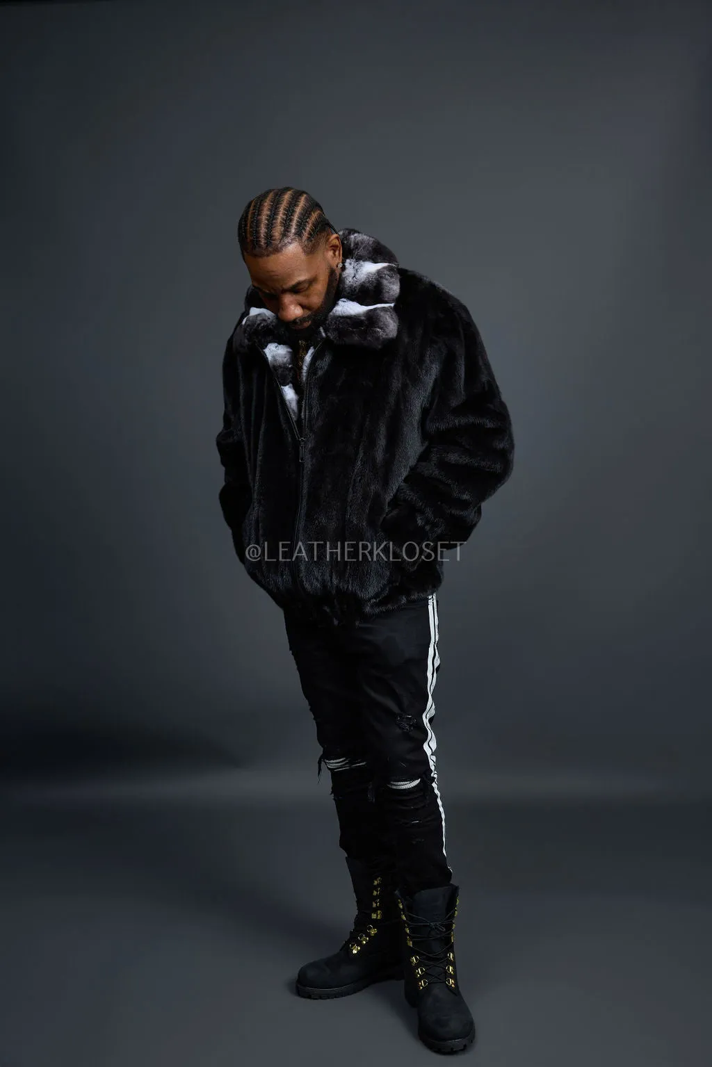 Men's Mink Bomber Jacket With Chinchilla Collar [Black]