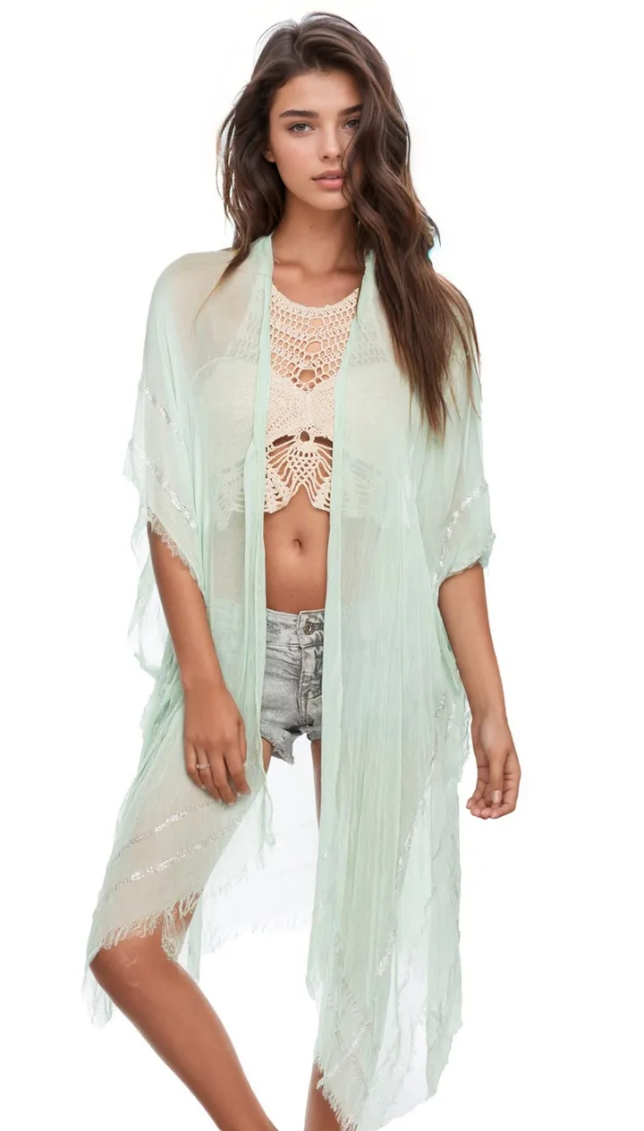 Metallic Border Kimono Wrap in Mint