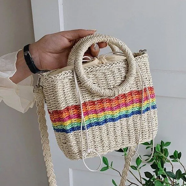 Rainbow Womens Straw Tote Hand Bag With Round Handles-Showtown