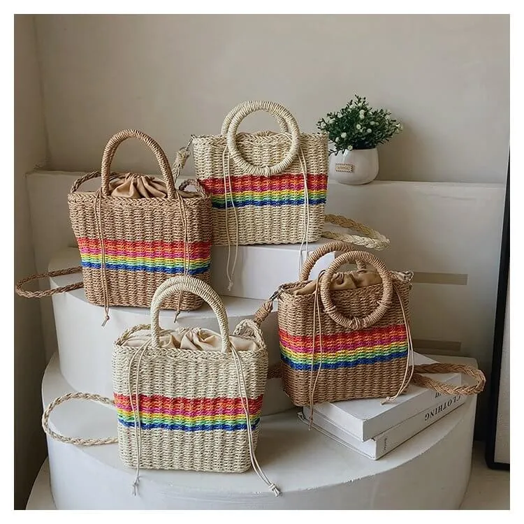 Rainbow Womens Straw Tote Hand Bag With Round Handles-Showtown