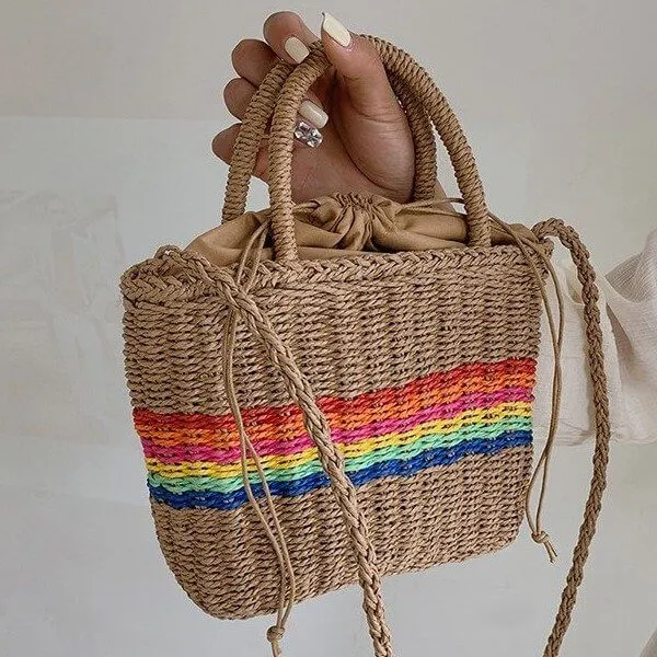 Rainbow Womens Straw Tote Hand Bag With Round Handles-Showtown