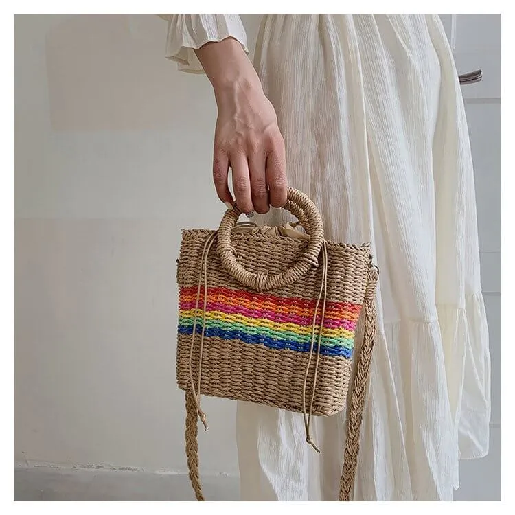 Rainbow Womens Straw Tote Hand Bag With Round Handles-Showtown