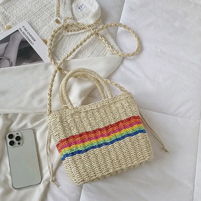 Rainbow Womens Straw Tote Hand Bag With Round Handles-Showtown