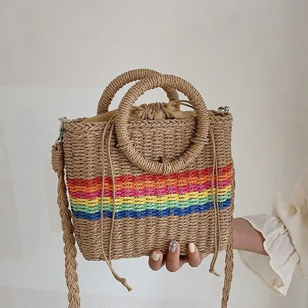 Rainbow Womens Straw Tote Hand Bag With Round Handles-Showtown
